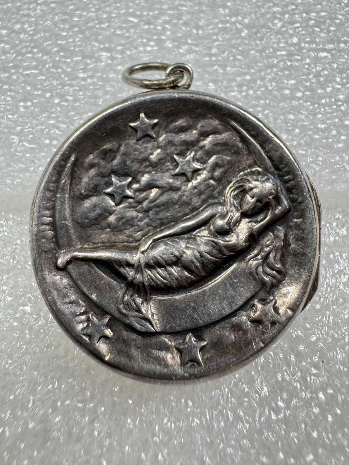 Antique Sterling Silver Art Nouveau Repousse Lady Crescent Moon & Stars Locket