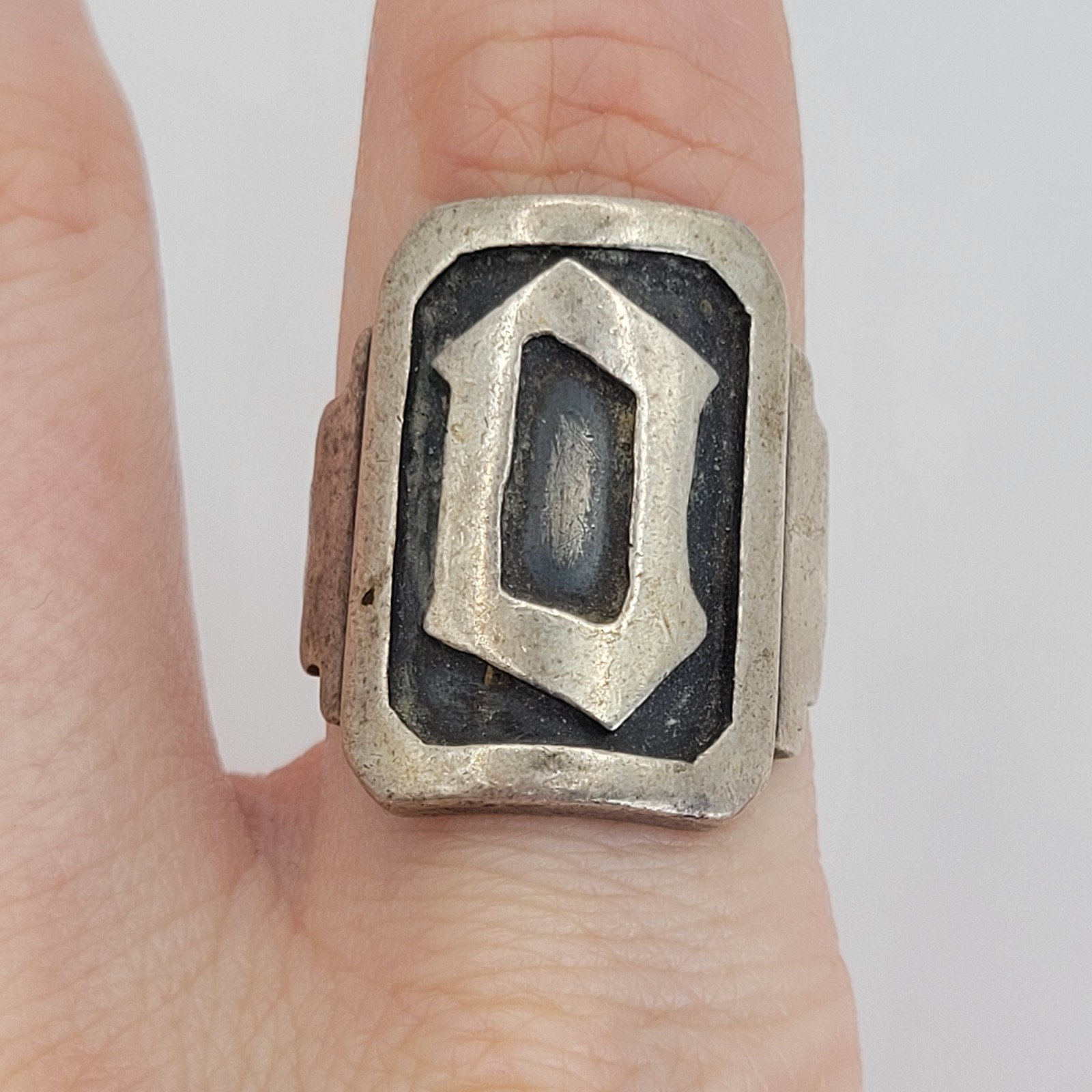 Vintage Large Monogram Letter O D 925 Sterling Silver Signet Ring Size 7.75