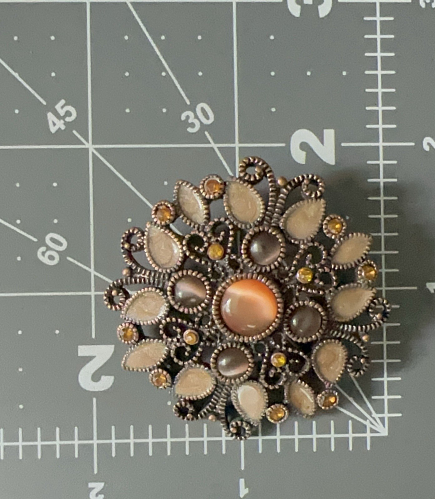 Vintage Bronze Color Cabochons Enamel Filigree Style Domed Brooch