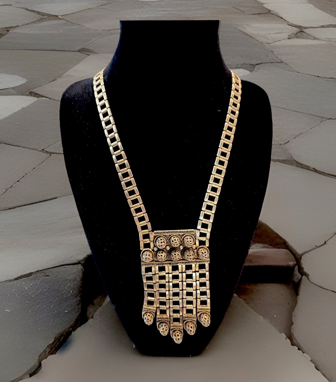 SIGNED Designer EDLEE 70’s Modernist Necklace 30” Gold-tone