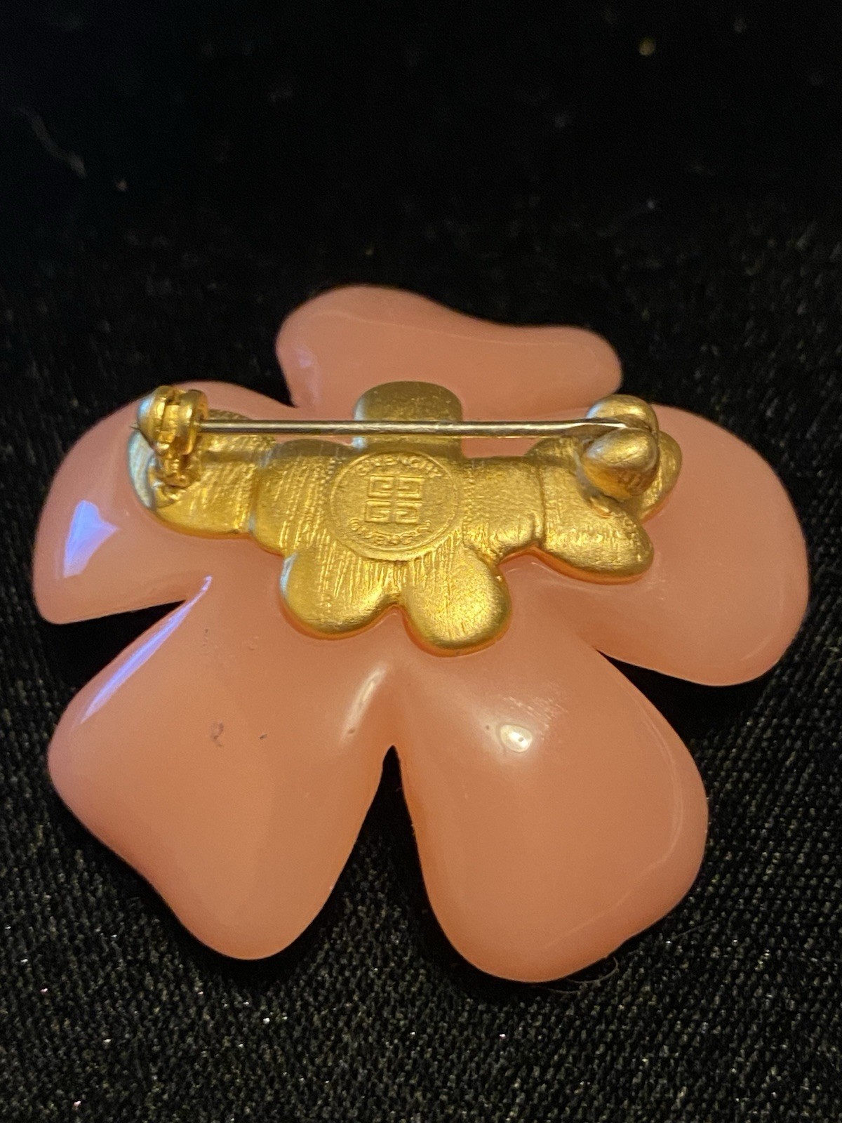 Vintage Givenchy Flower Brooch Pink Petals and Gold Tone Rhinestone Center Pin