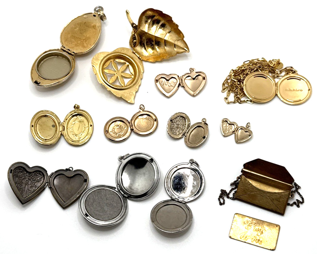 Vintage to Now Jewelry Pendant & Charm Lockets Gold & Silver Tone Lot of 12
