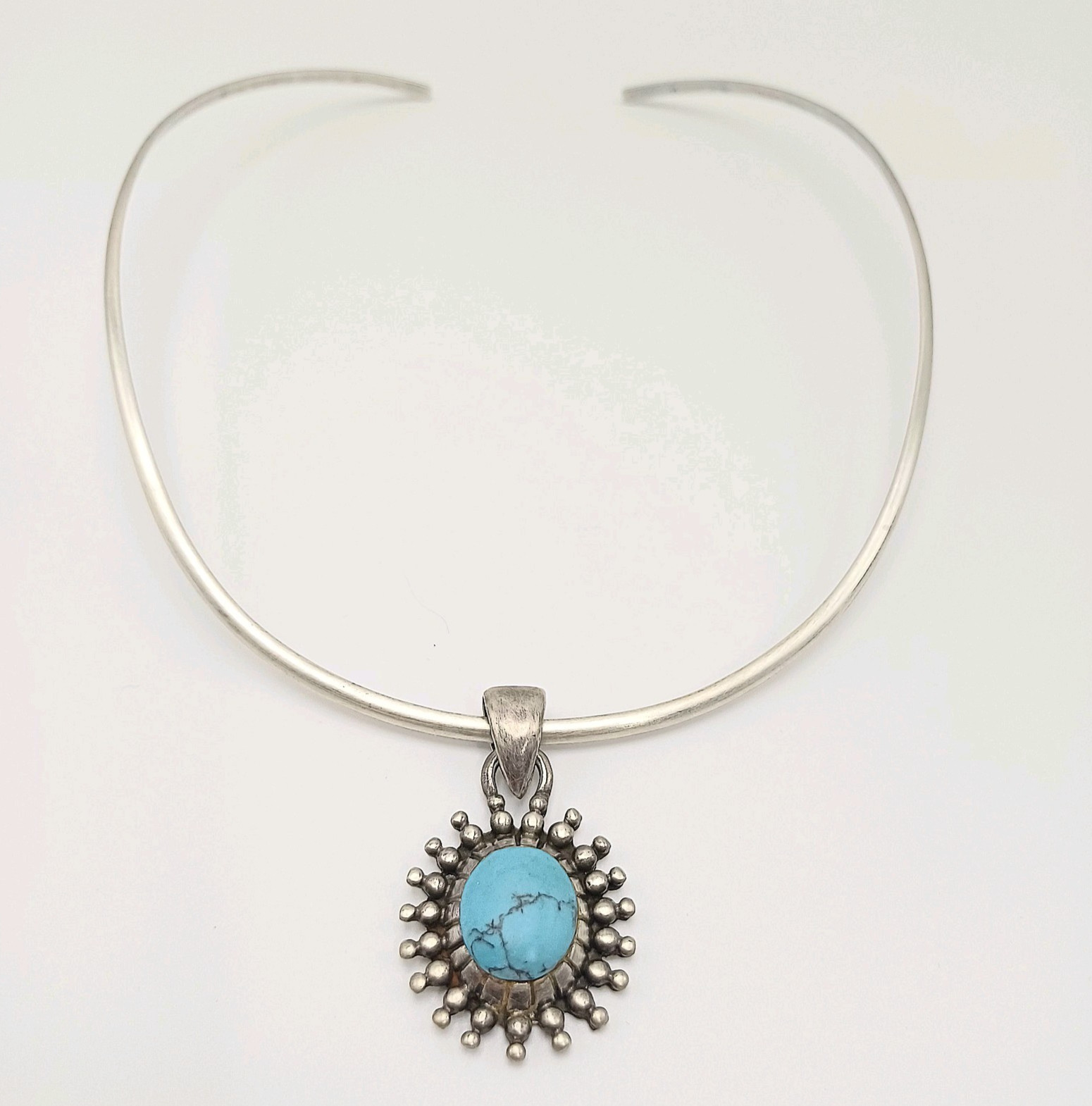 Vintage Sterling Silver Choker Turquoise Pendant Necklace 925 Ethnic Boho Jewelr