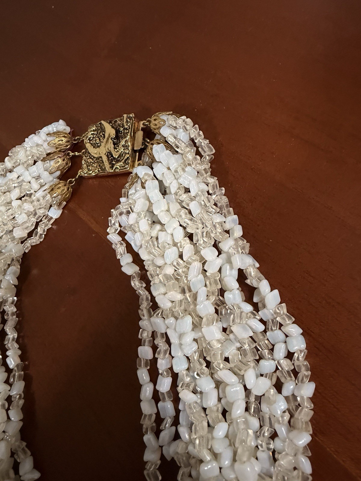 Rare Vintage Venetian Multistrand Opaline Clear Seed Bead Choker Necklace Italy