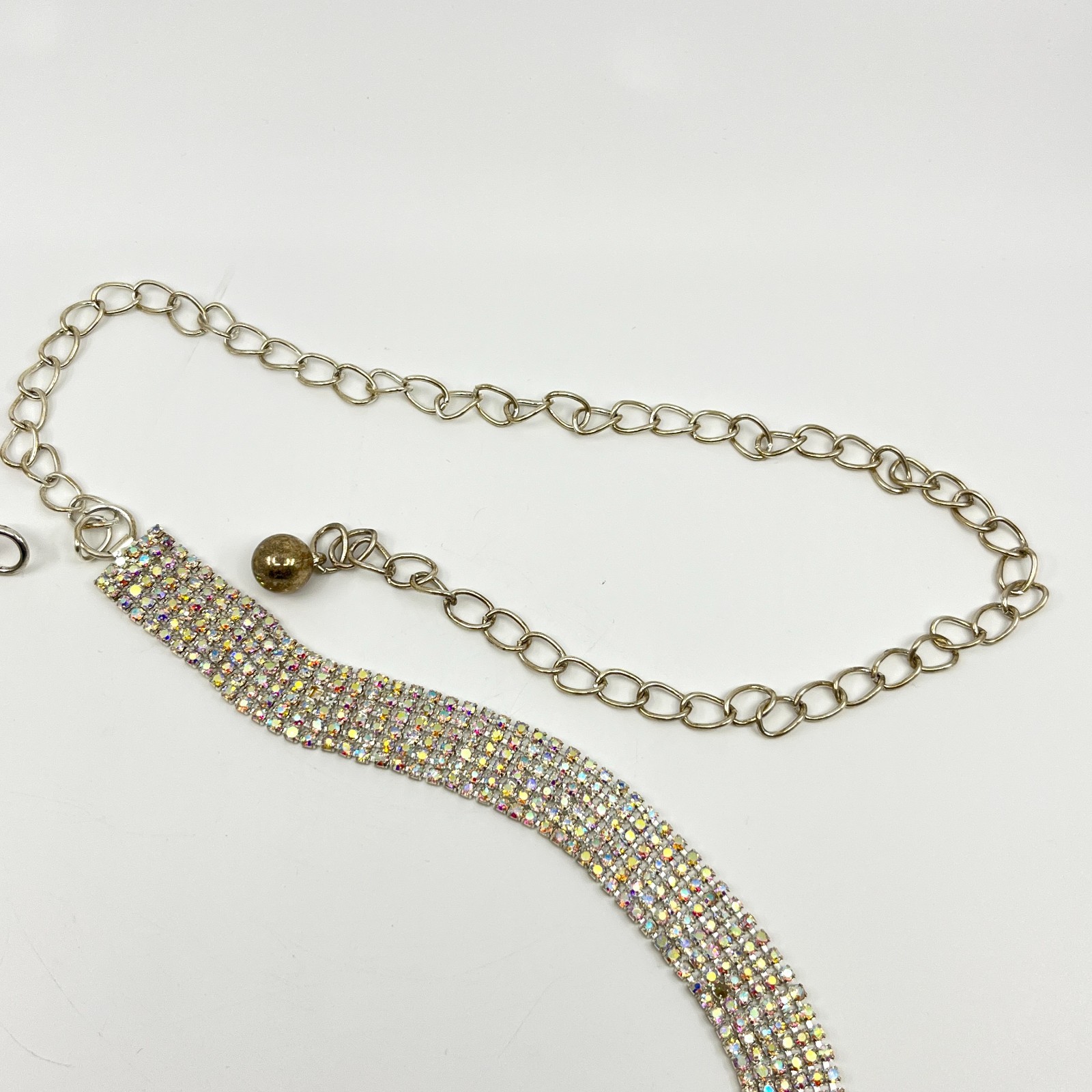 VTG Y2K Silver Multi-Row Aurora Borealis Rhinestone Chain Belt Choker Lobster