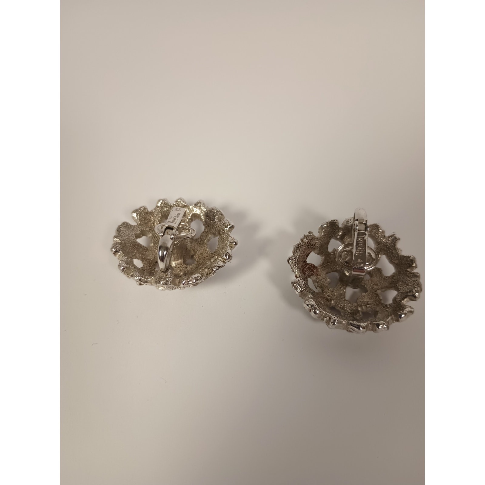 Vintage Crown Trifari ClipOn Earrings Textured Openwork Silver Tone Dome 50s,60s