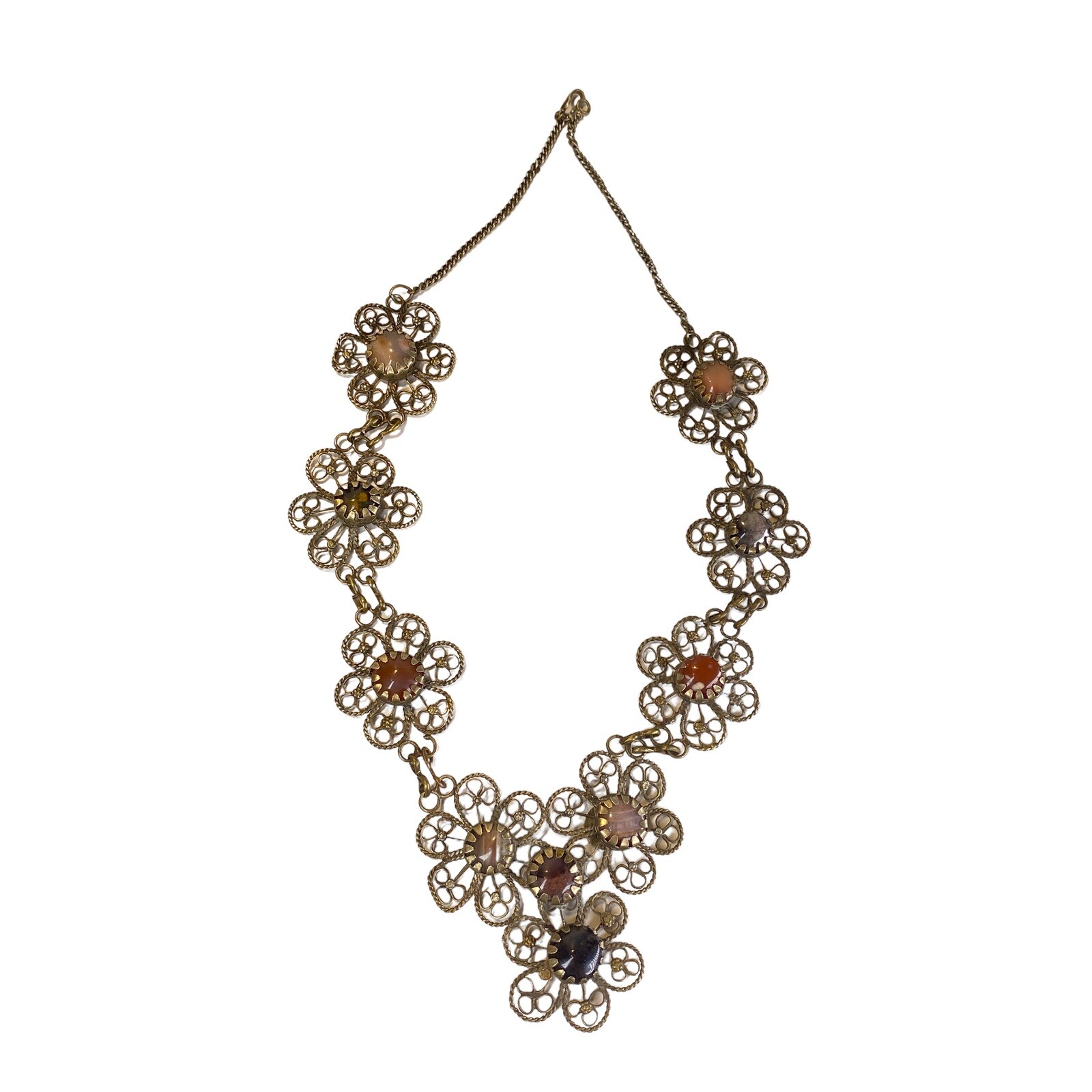 Vintage Handmade German Silver Filigree Semi Precious Stones Statement Necklace
