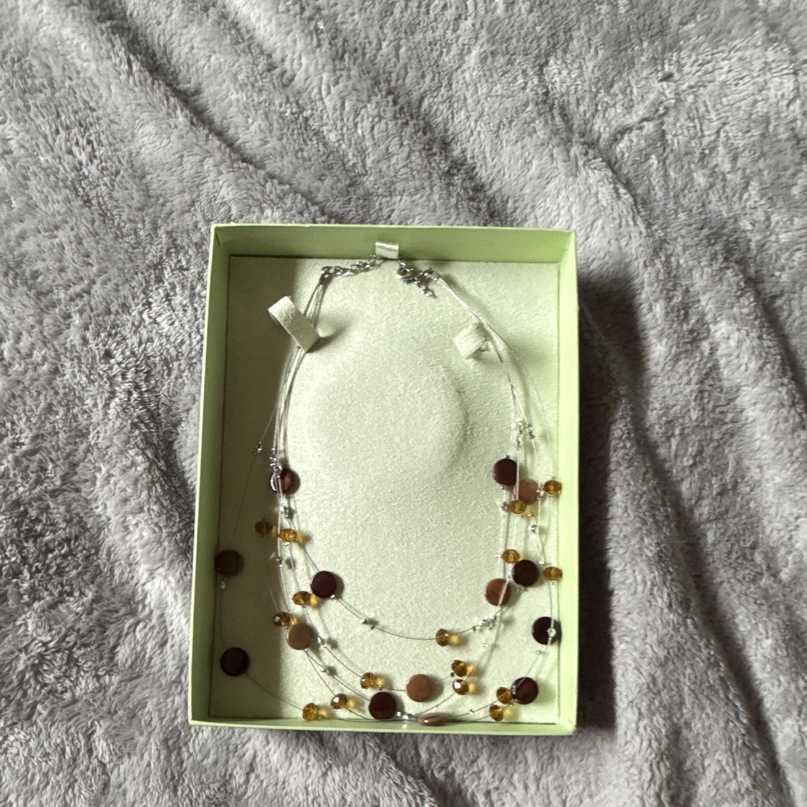 Vintage Layered Multi Strand Browns, Ambers, gold and clear beaded 9″ Necklace