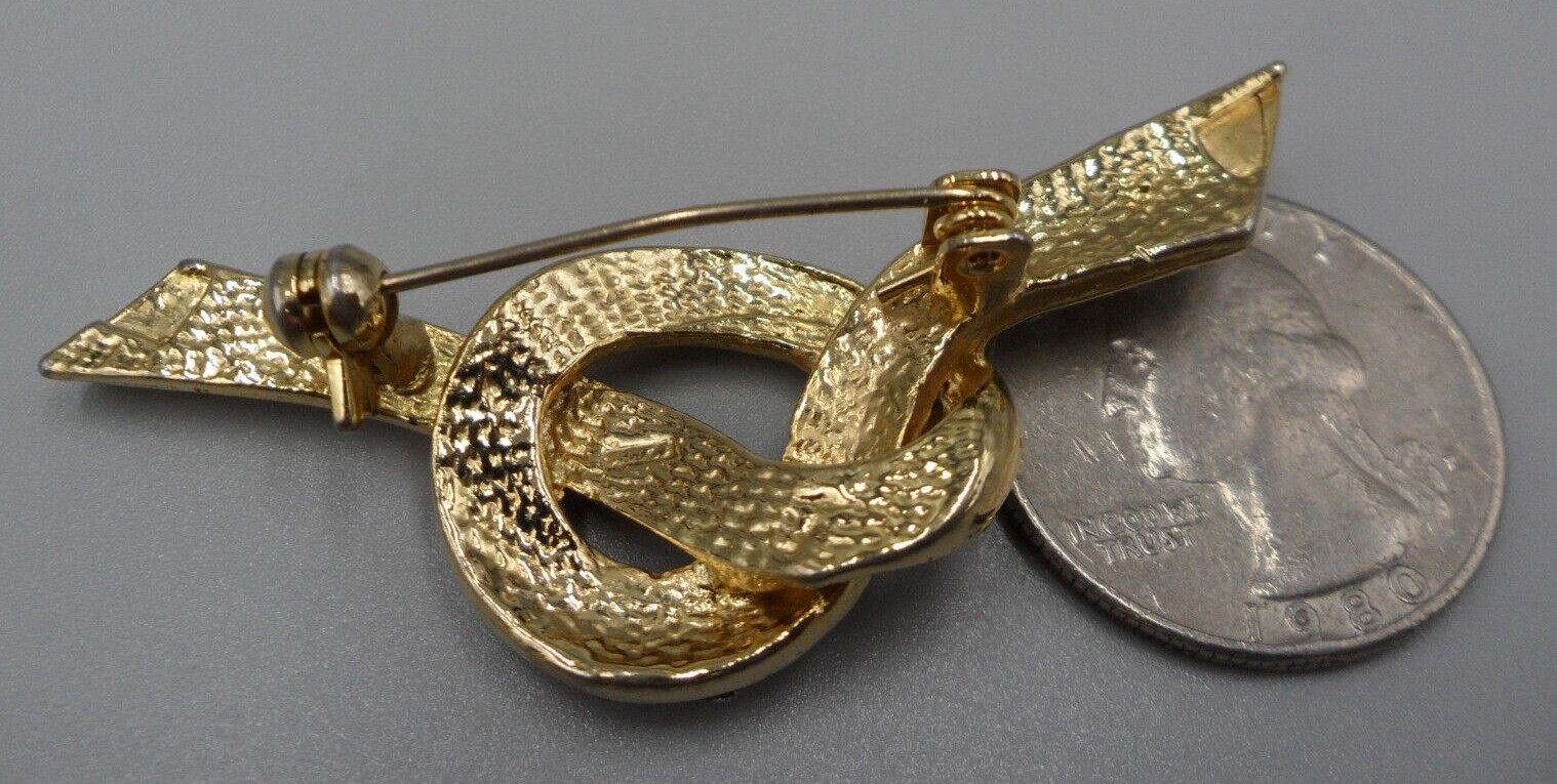 1940s Knot Brooch Clear Pave Rhinestone Ribbon Gold Tone Signed Vintage 2.5″