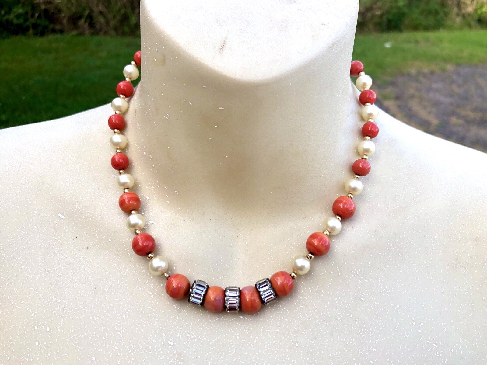 Estate 14K Gold Bead, Coral Glass, And Glass Pearl Beaded Necklace