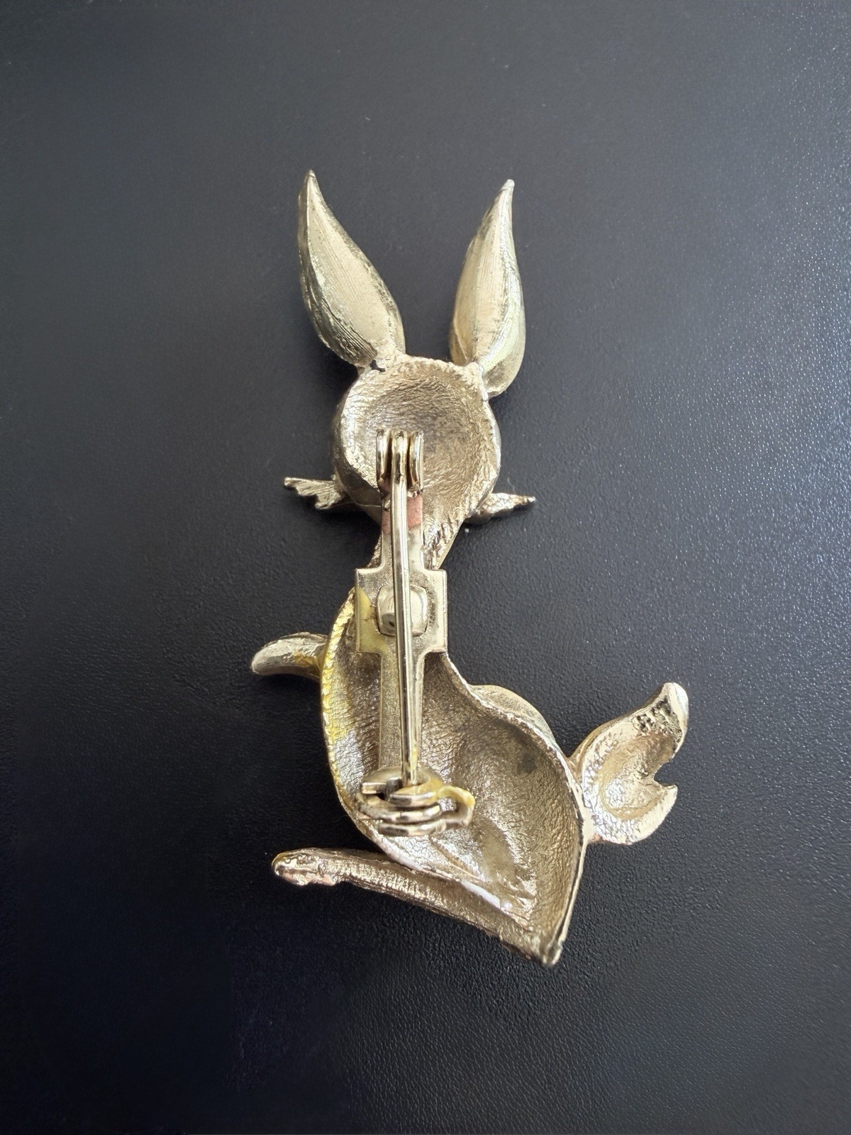 Mid Century Yellow Enamel Bunny Rabbit Brooch Red Rhinestone Eyes Whiskers Vtg