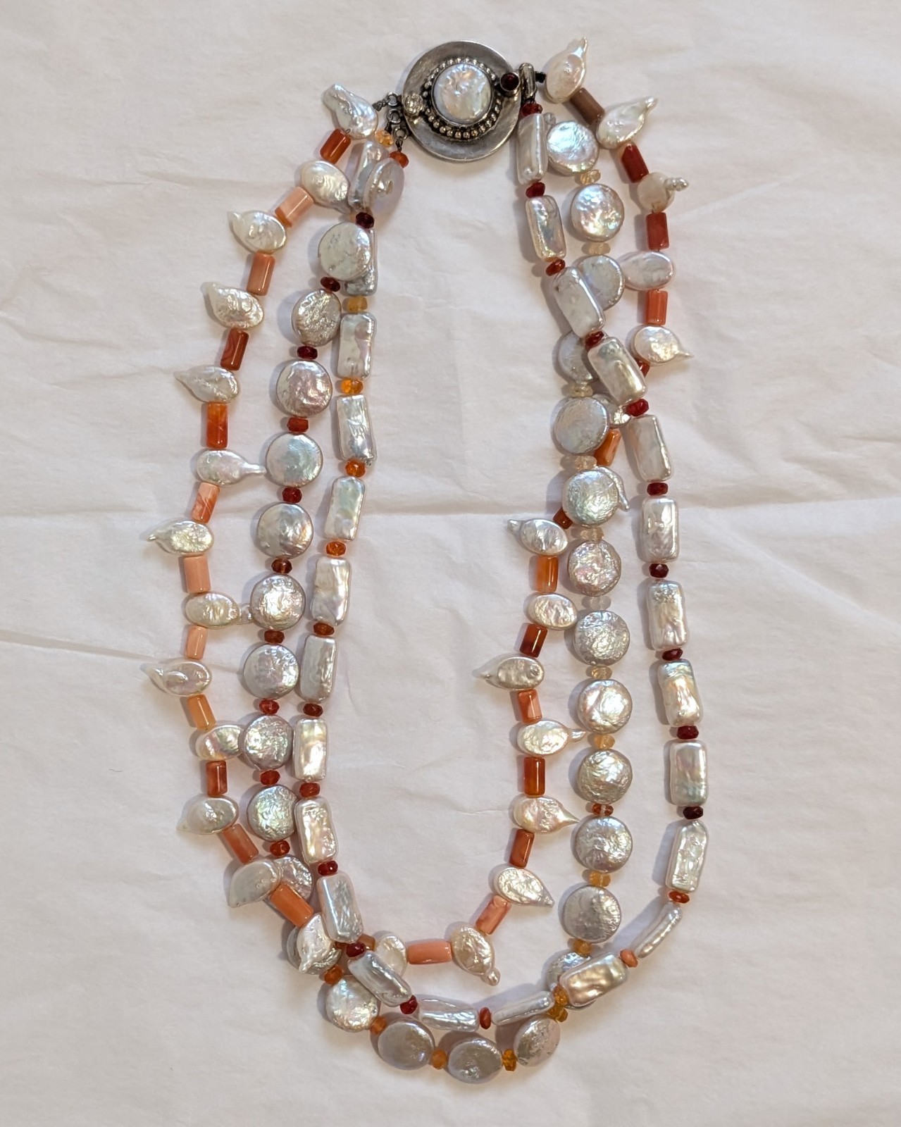 Estate 3 Strand Baroque Pearl Coral Carnelian Necklace w/925 Silver Clasp 20 in.