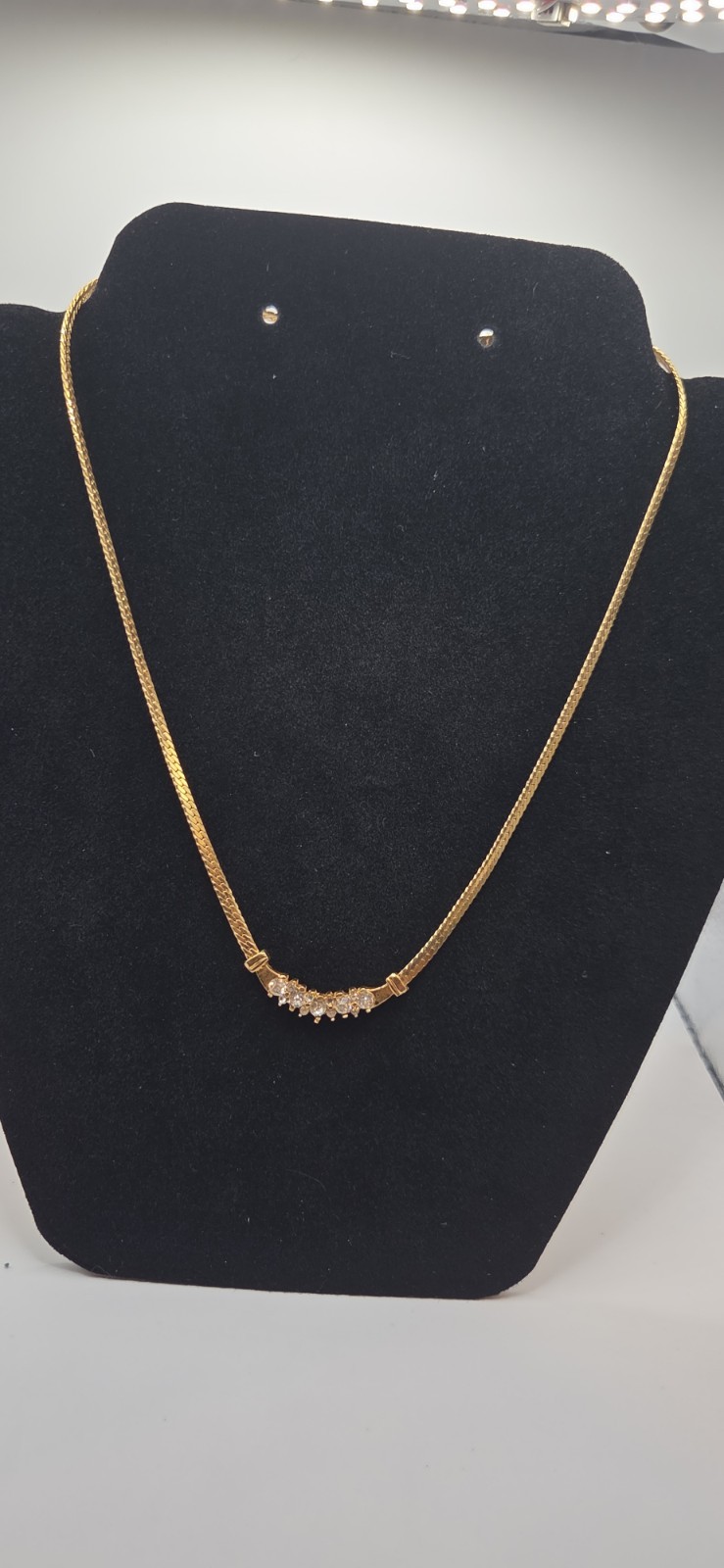 gold plated Herringbone Snake Chain with clear gems Necklace 16 in