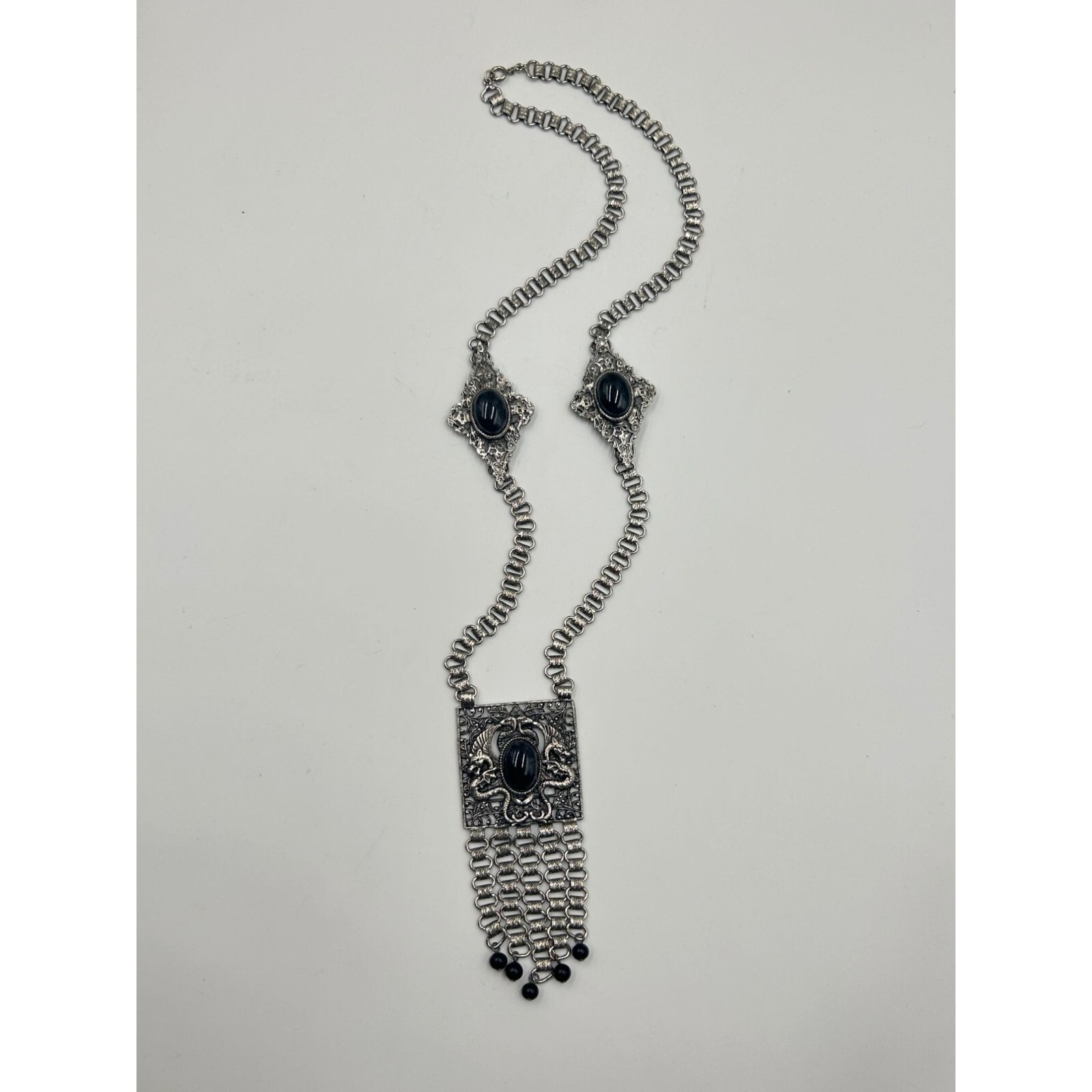 Signed EDLEE Vintage Necklace Silver Tone Dragons Ornate Bookchain Beads Dangles