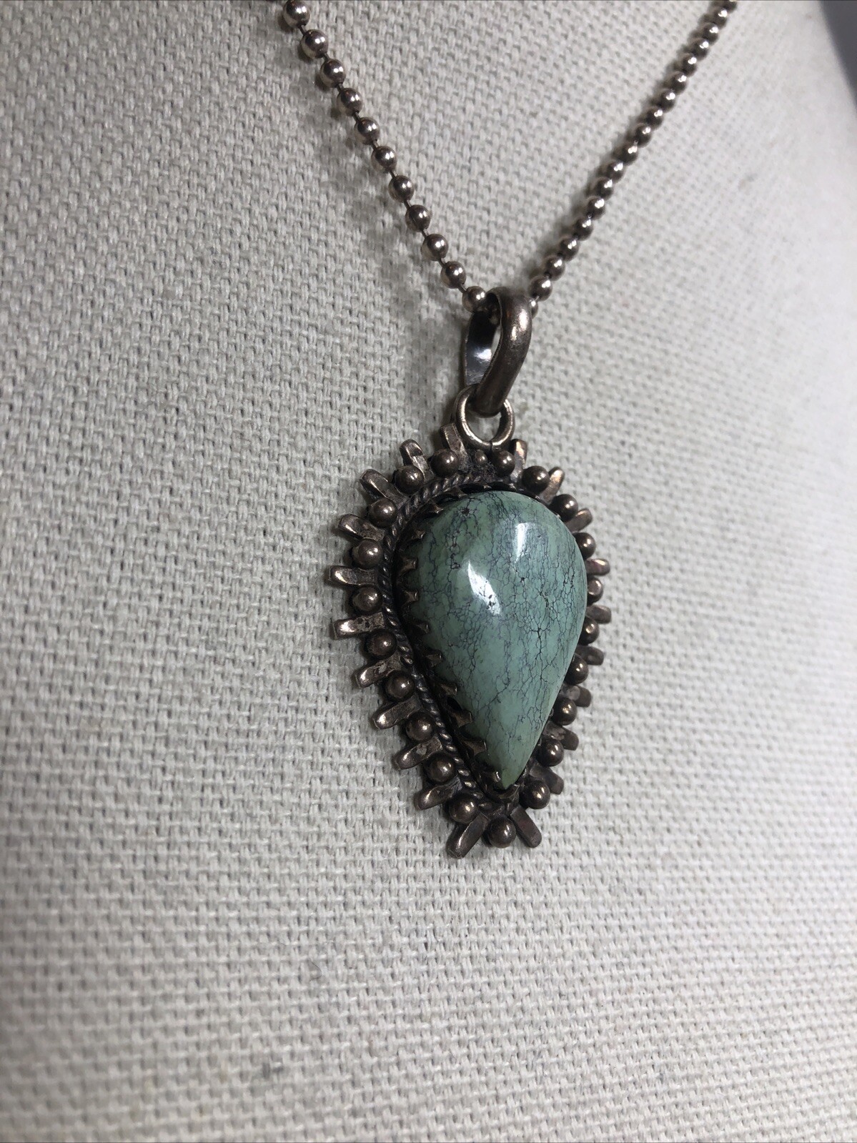 18. Sterling 925 Greenish Turquoise stone Ball link Chain Pendant Necklace 16″