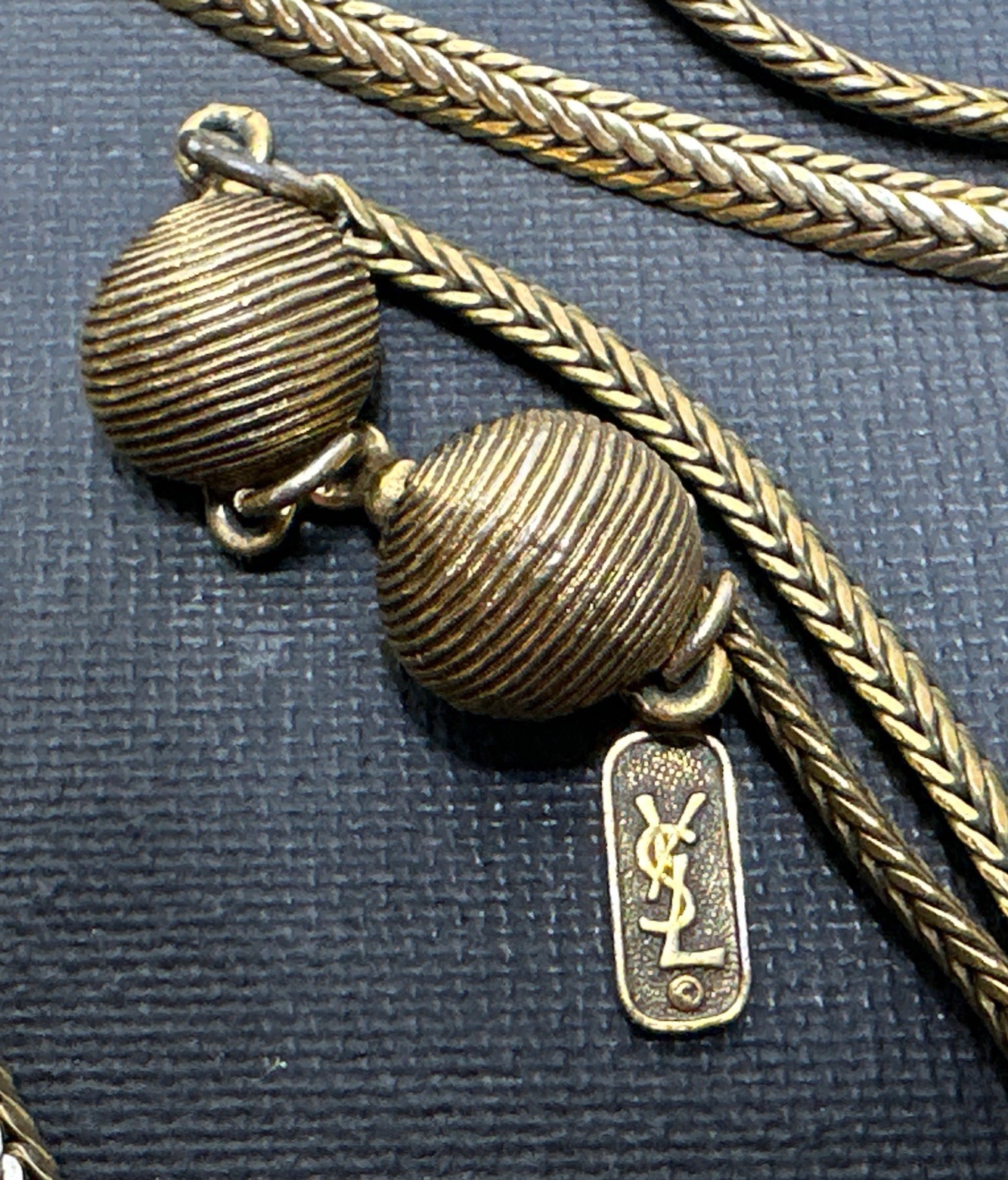 VTG Yves Saint Laurent Gold Tone Signed YSL Herringbone Chain Necklace
