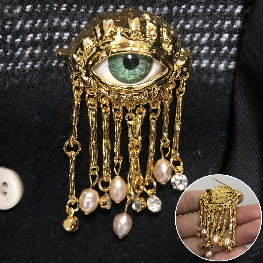 Vintage Evil Eye Brooch Pin Tassel Imitation Pearl Women Fashion Jewelry