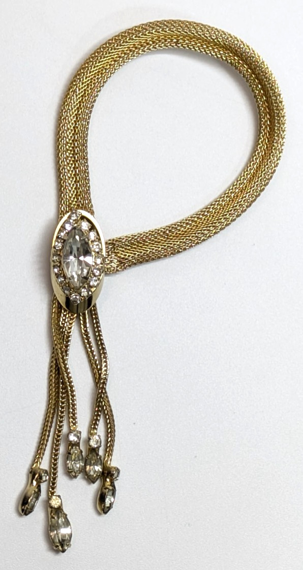 VTG Kramer Mesh Gold Tone Snap Tassel Bracelet Clear Rhinestones 7″ Long