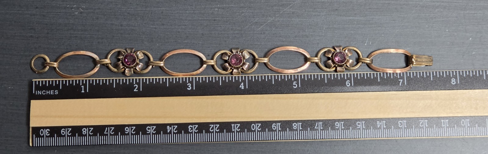 VTG 12k GF on Sterling Link Bracelet Purple Rhinestone Flowers signed Van Dell