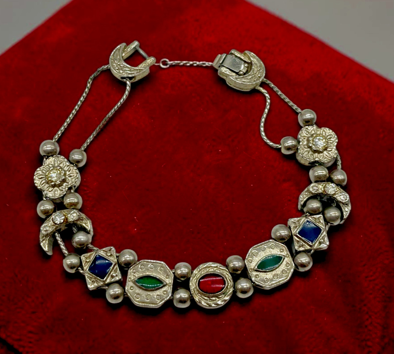 VTG Victorian Revival sliding charm ball bracelet silver tone Rhinestone 7.5″