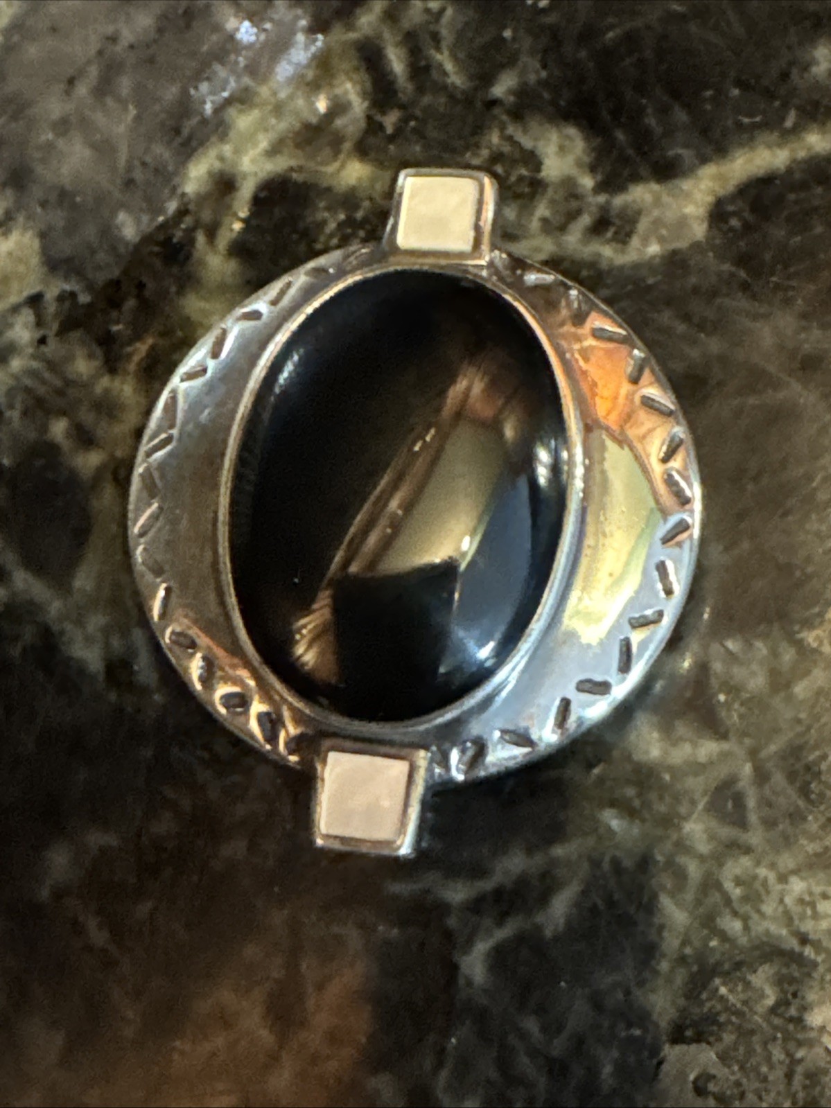 Vntg 925 Sterling Silver Black Onyx Mother of Pearl Brooch Pin Pendant 1 5/8″