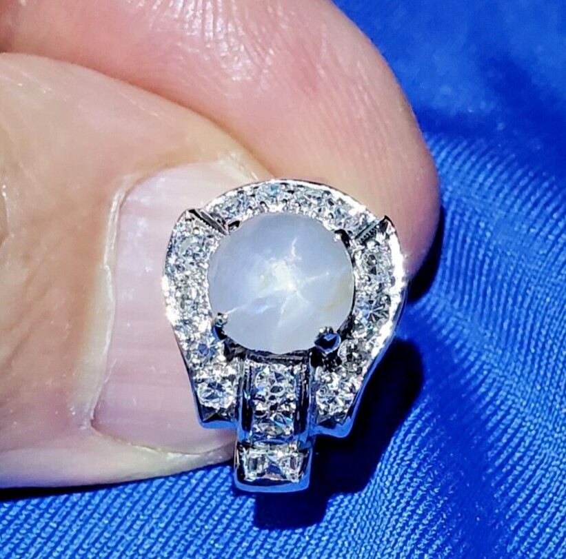 EARTH MINED STAR SAPPHIRE DIAMOND ART Deco Engagement Ring SOLID 14K WHITE GOLD