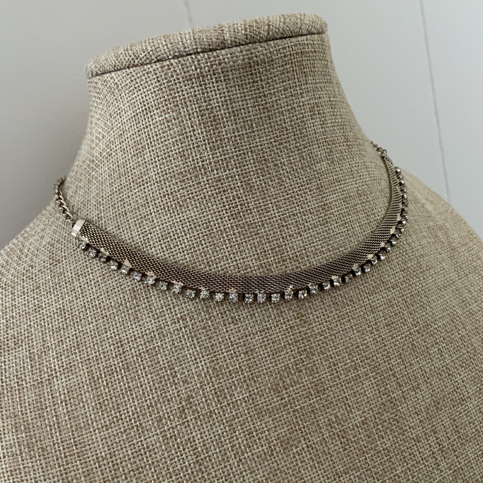 Vintage Rhinestone Mesh Choker Necklace Gold Tone Minimal Sparkle 50s