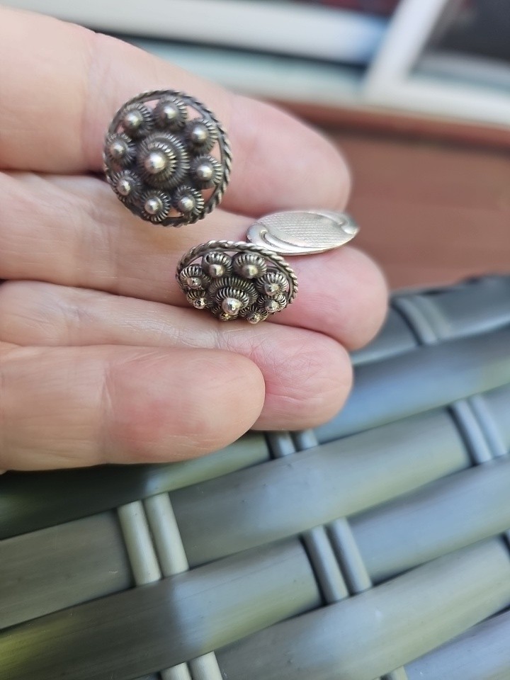 Antique Dutch Zeeuwse Knoop Cufflinks- 835 Silver Filigree Zeeland Button Sword