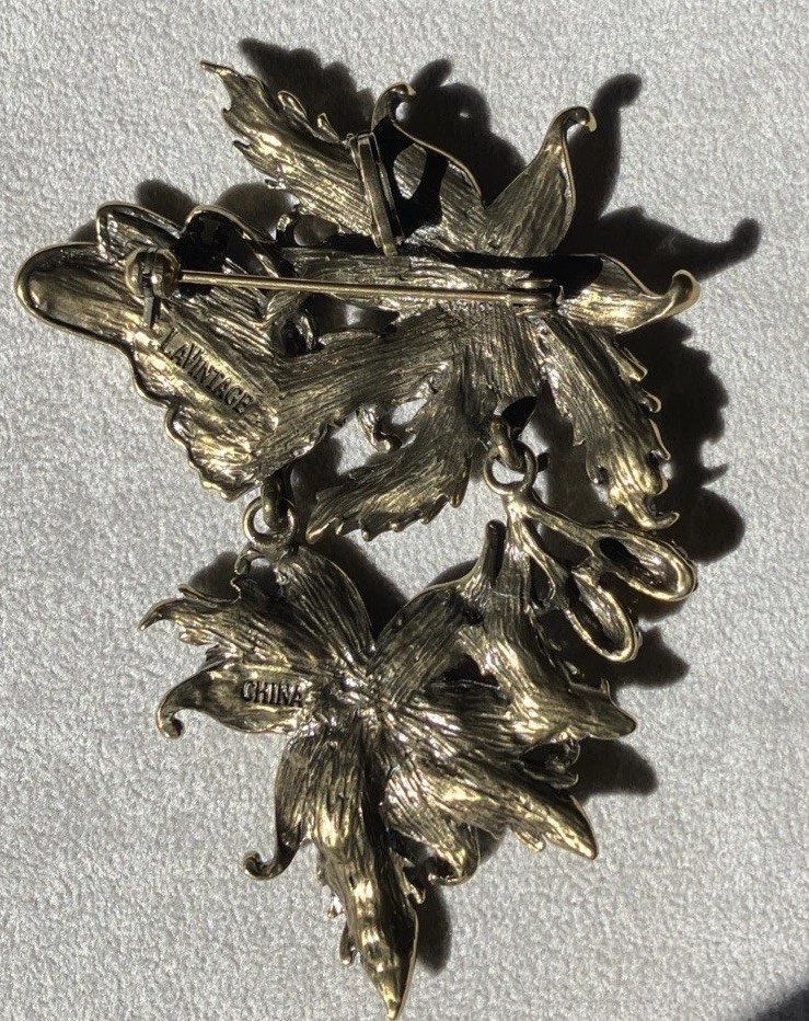 LaVintage Hinged Antiqued Goldtone Metal Flower/ Butterfly Brooch Or Pendant