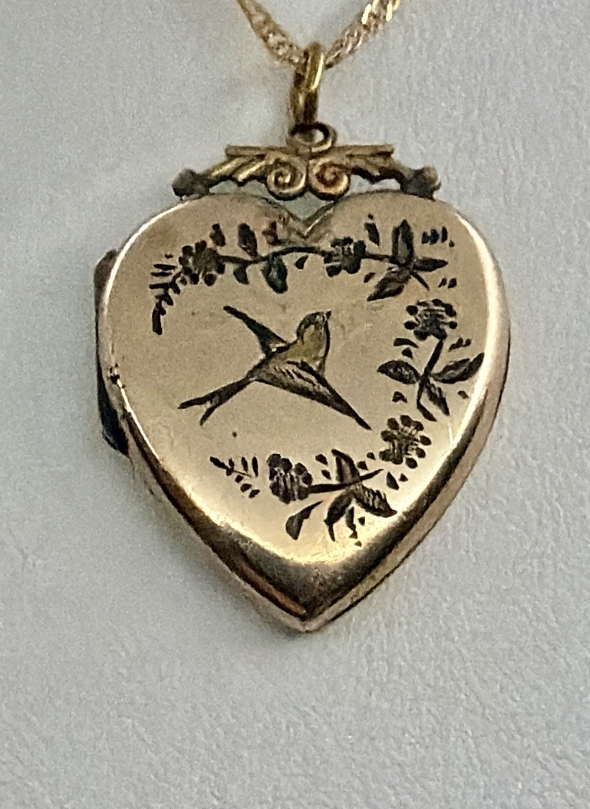 Victorian Aesthetic Movement Bird & Flower Vines Double Sided RG Locket Necklace
