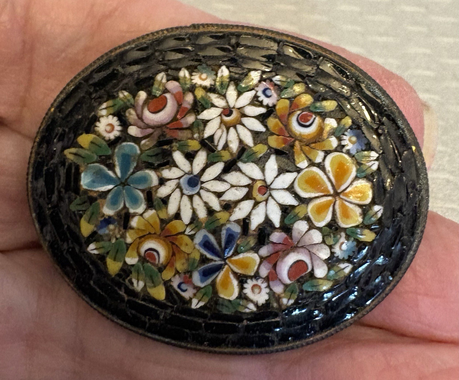 Antique Micro Mosaic Brooch Signed FAP Italy Black Daisy Bouquet Brass C hook