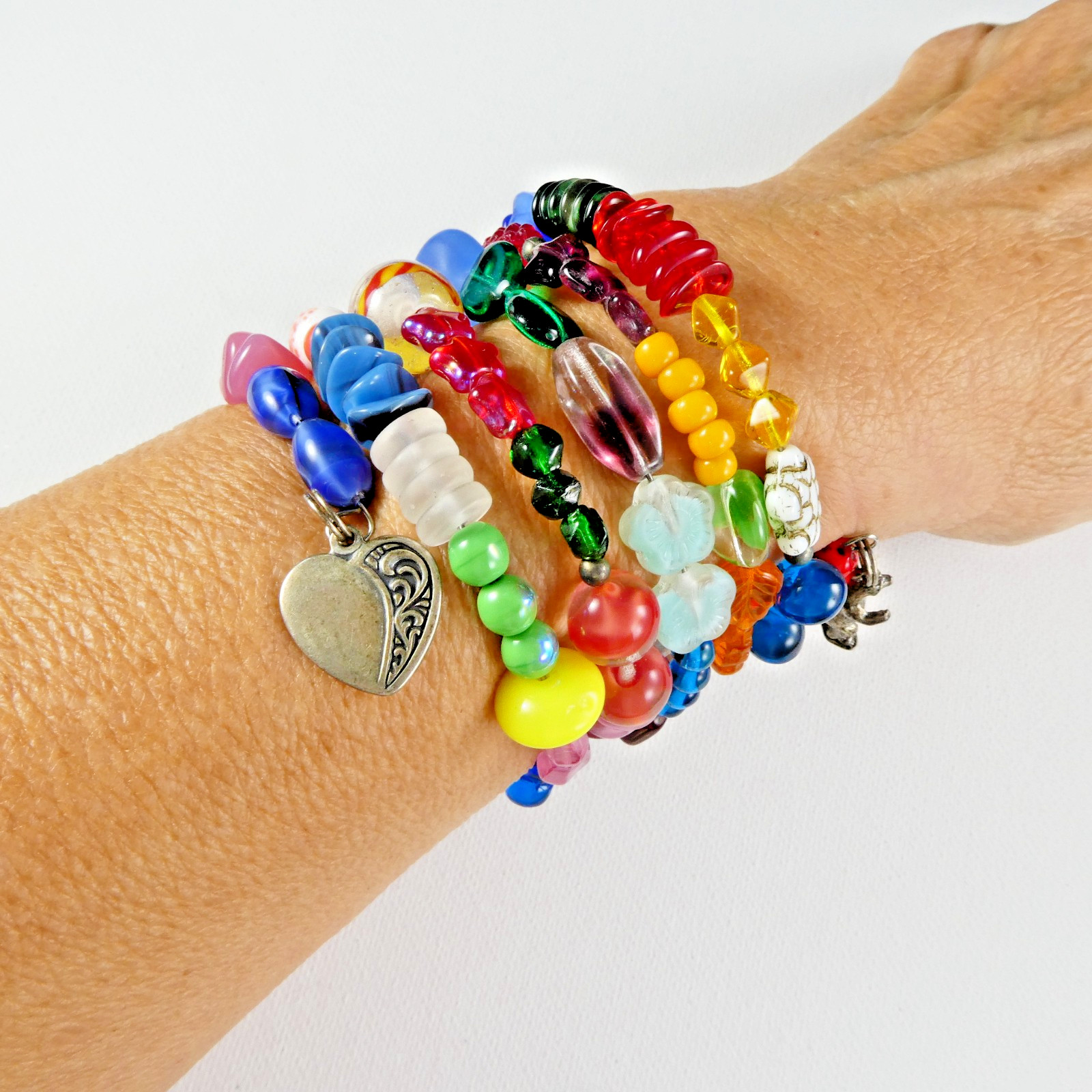 Vintage Fruit Salad Art Glass Coil Wrap Bracelet 2 Sterling Silver Charms HEART