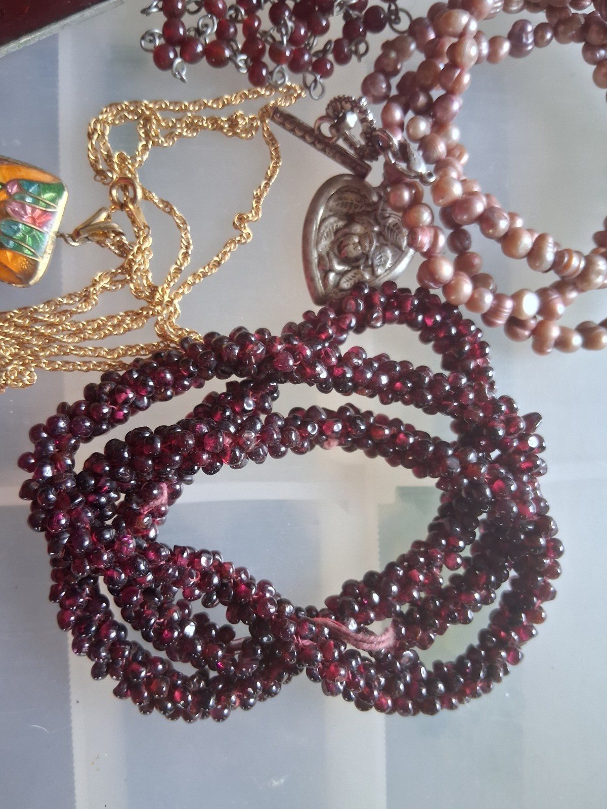 Lot of 4 necklaces garnet pearl cloisonne silver gold tone