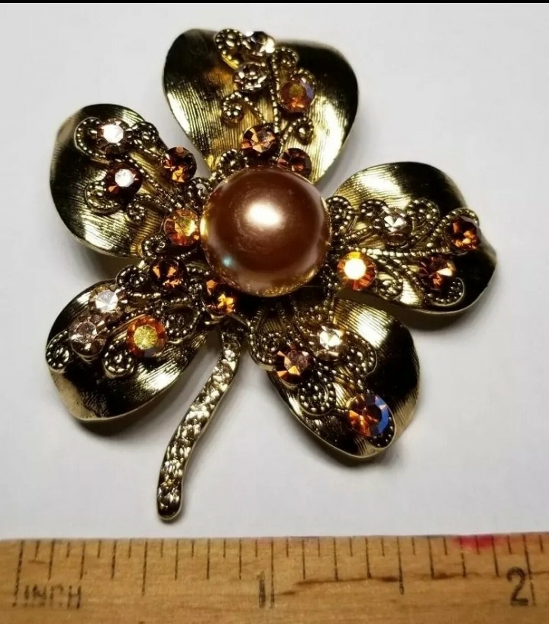 Golden Brown Crystal Faux Pearl Leaf Brooch