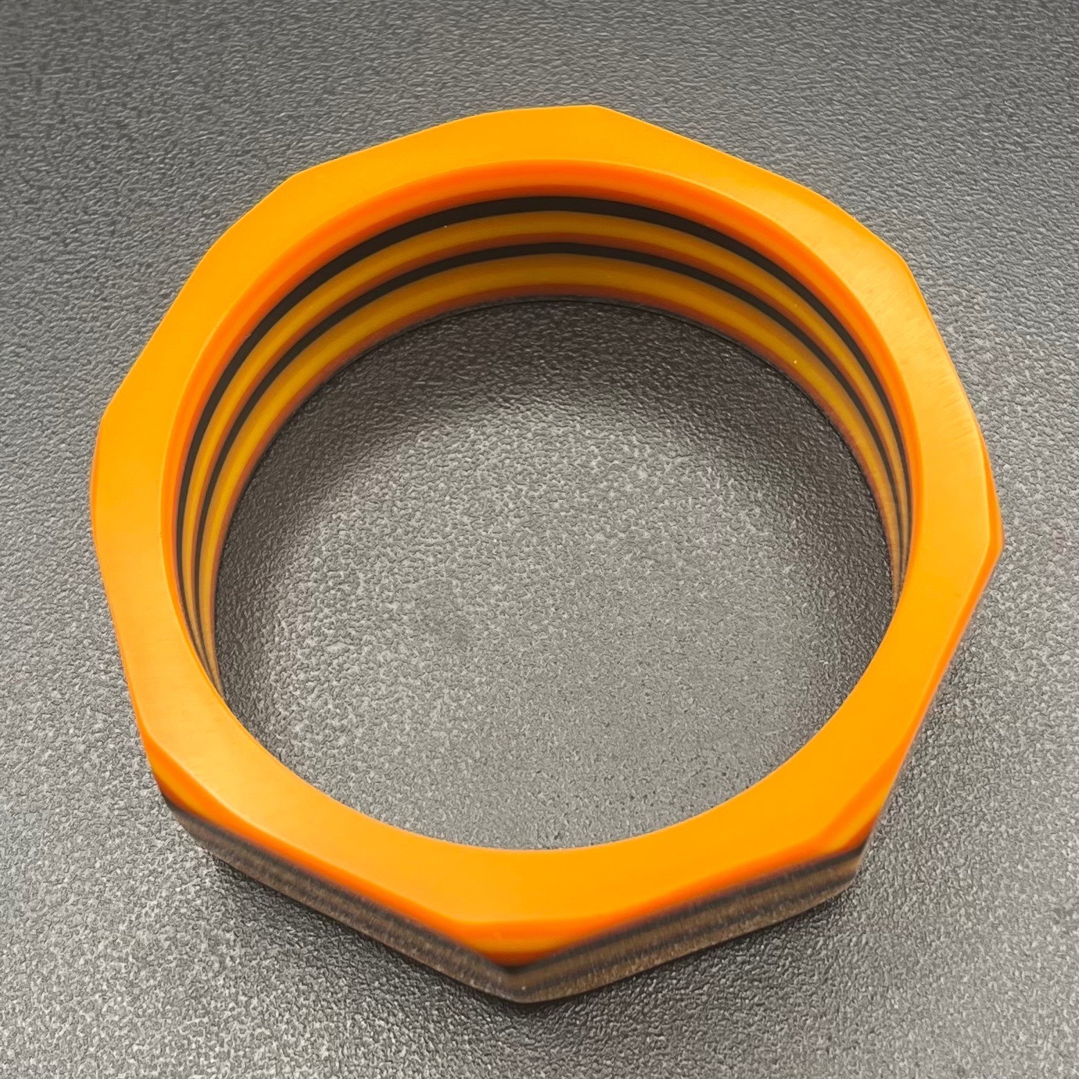 Vintage Laminated Lucite Octagonal Bangle Bracelet Orange Yellow Black Wide
