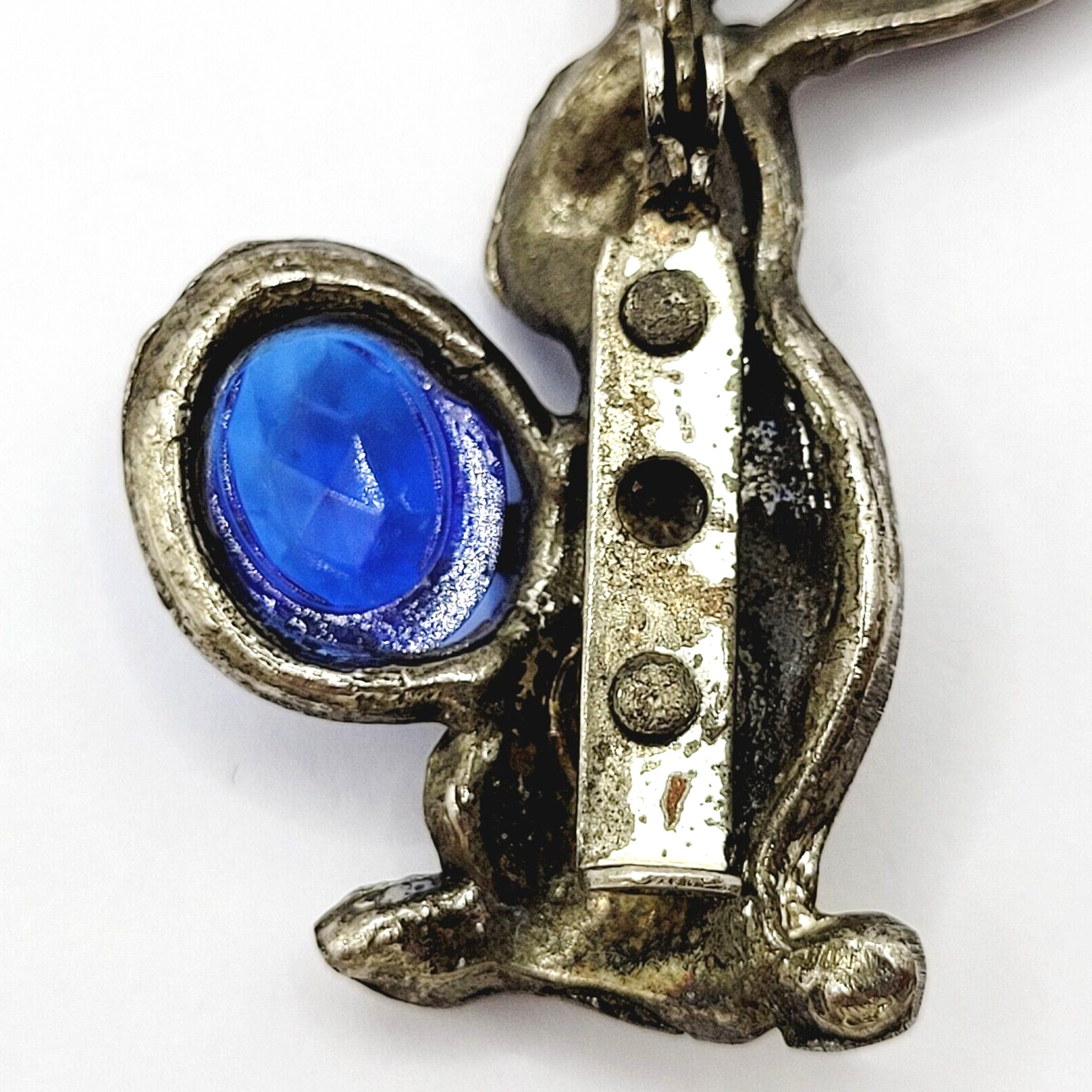 Rabbit Bunny Holding Blue Faceted Egg Silver Tone Vintage Brooch Pin Distressed