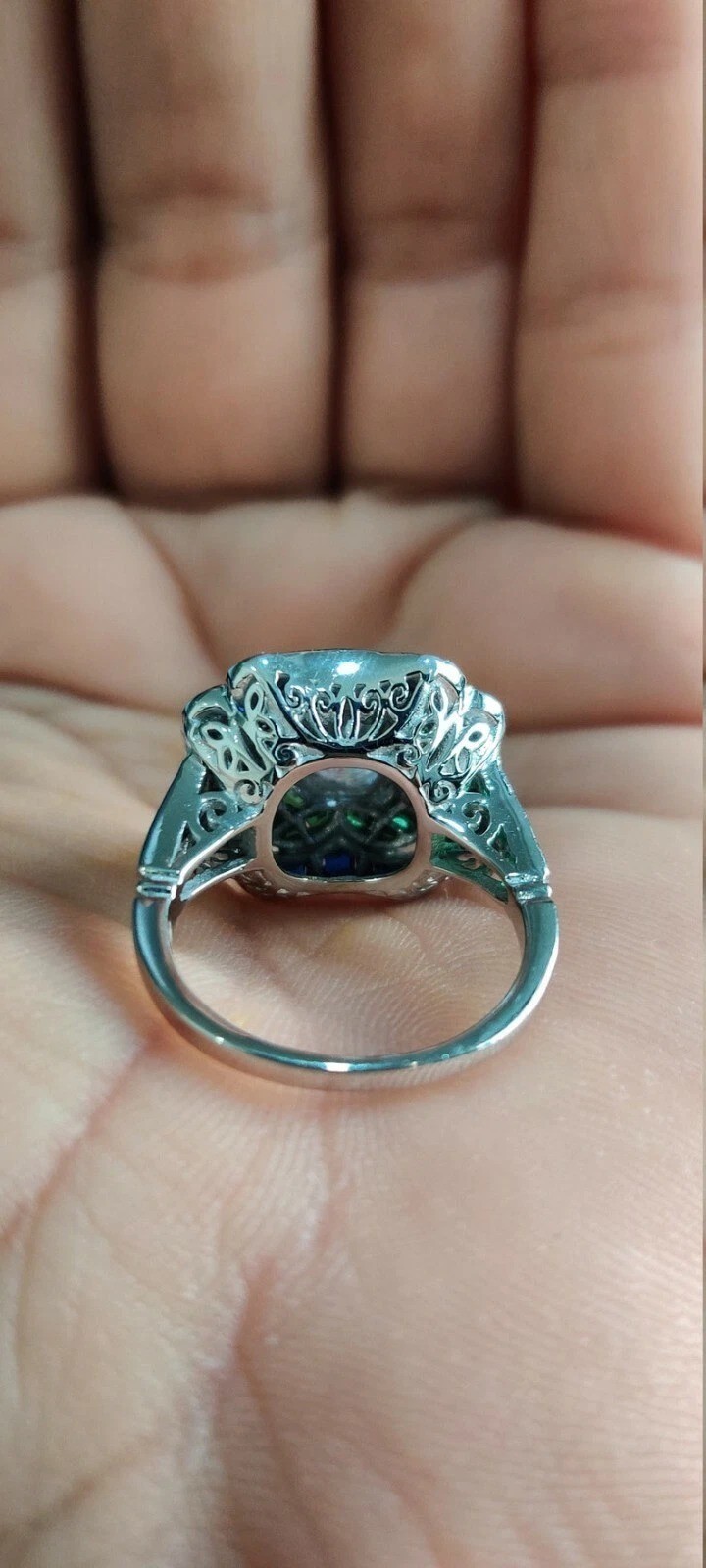 Art Deco Round Lab Created Diamond & Emerald Wedding 14Ct White Gold Finish Ring