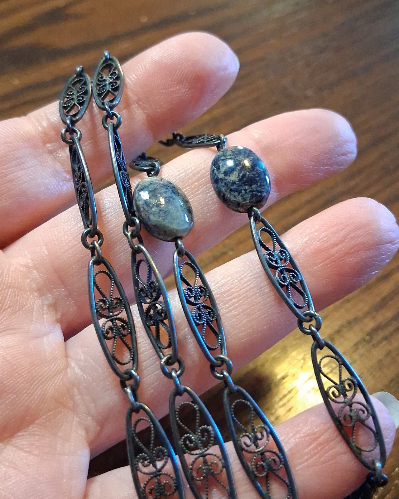 Antique Victorian 800 Silver Filigree Chain 31-32″ Missing Bead See Pics/Descrip