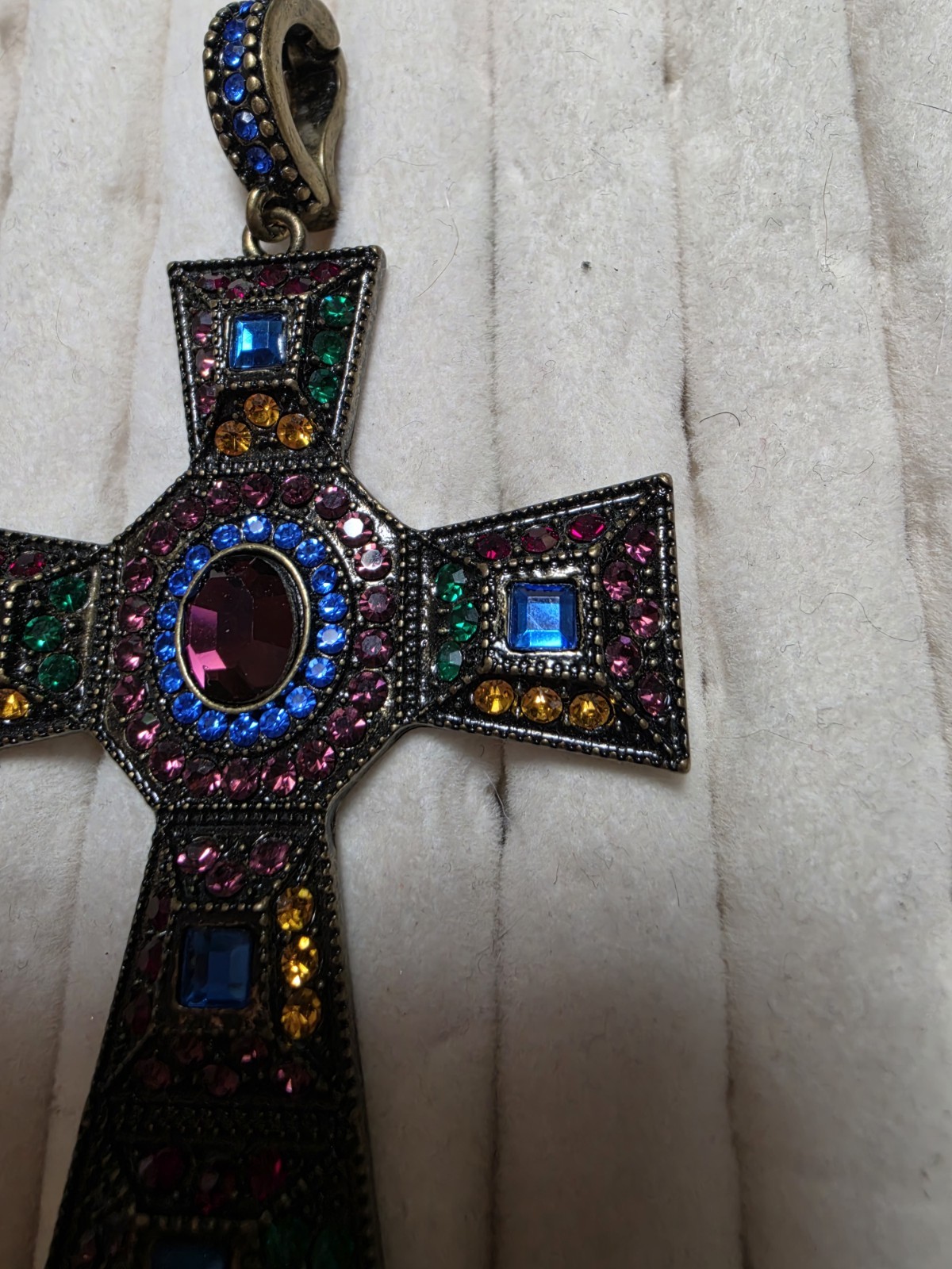 Swarovski Vintage Multi-Color Bronze Cross Pendant 3″ Lrg Detailed Bail one Chip