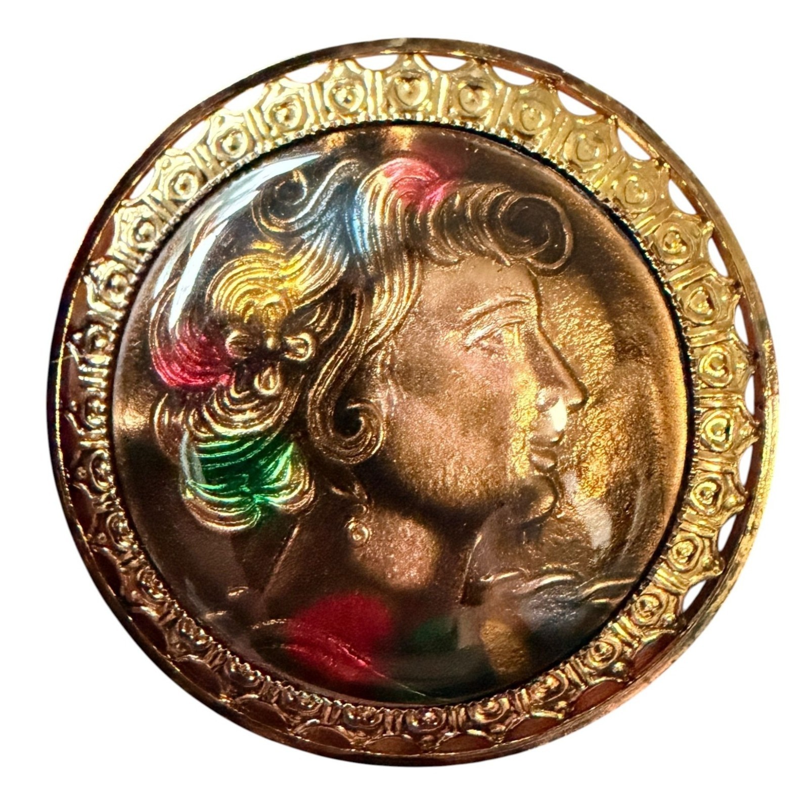 Vintage 1950s Reverse Carved Lucite Renaissance Lady Brooch New Old Stock