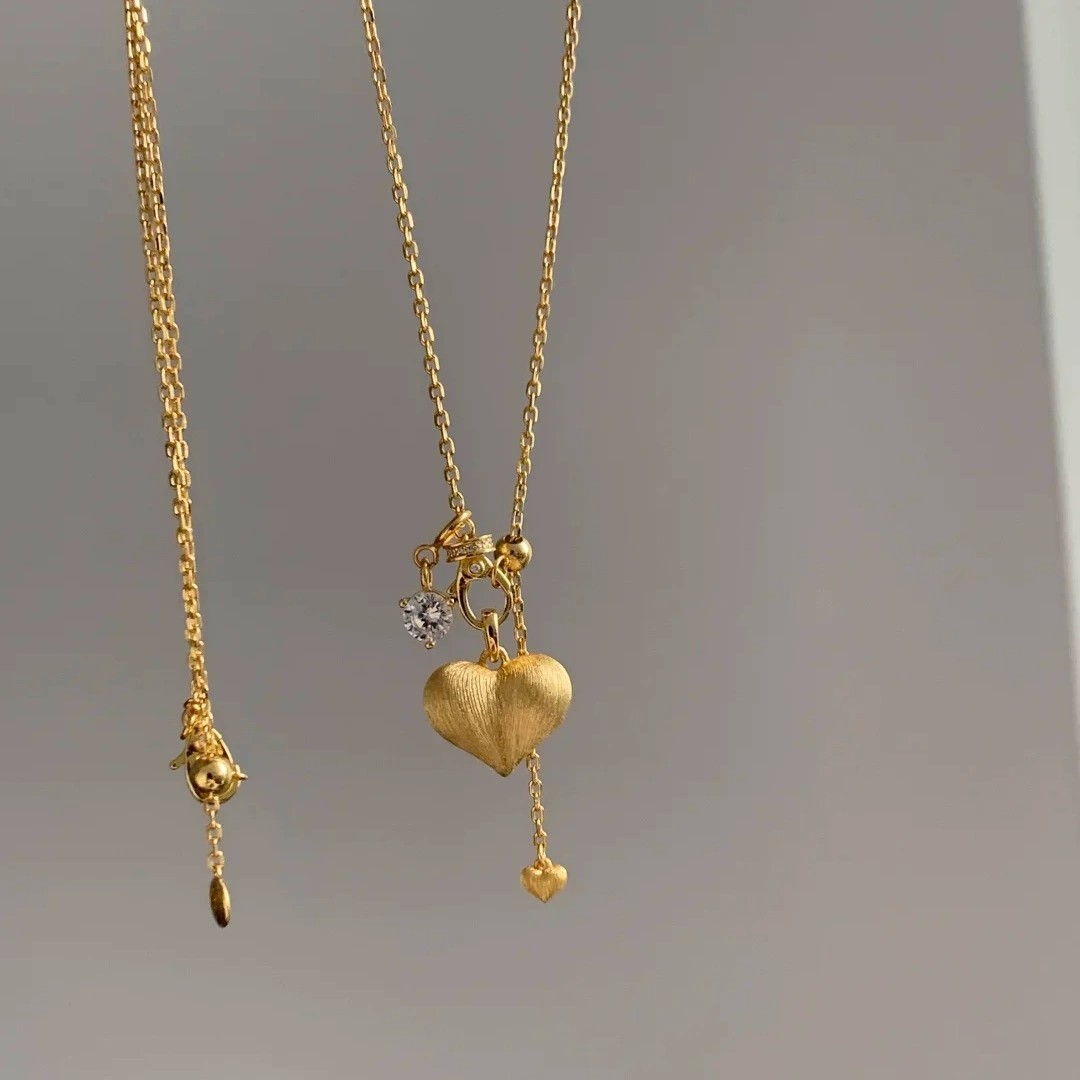 Vintage Brushed Heart Pendant Necklace Elegant Collarbone Chain Wedding Gift