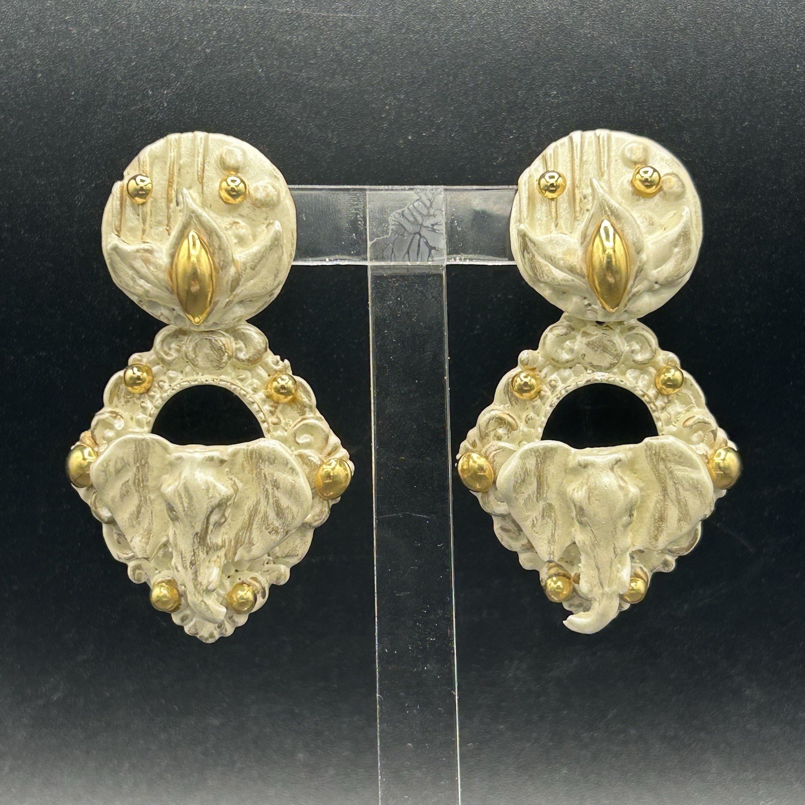 Vintage 80s 90s Jeff Lieb Elephant Clip-On Earrings Cream Gold