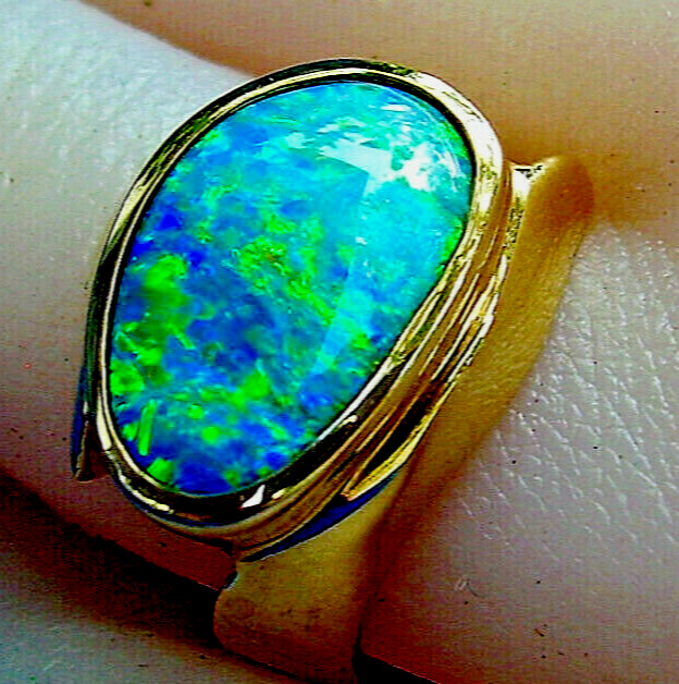 Original EARTH MINED Black OPAL Deco Ring Designer Hand made SOLID 14K GOLD 6.25