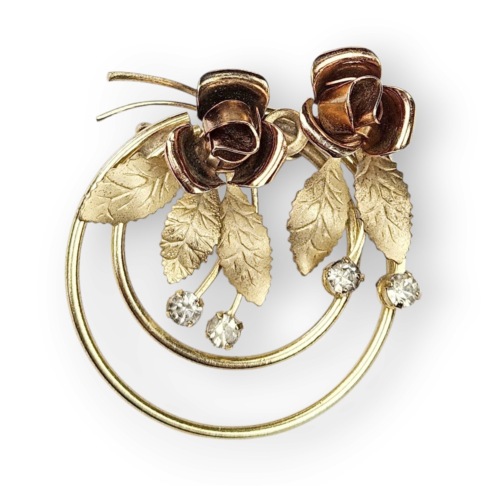 Vintage Double Rose Brooch Two Tone Brushed Gold Plated Rhinestone Floral Spray
