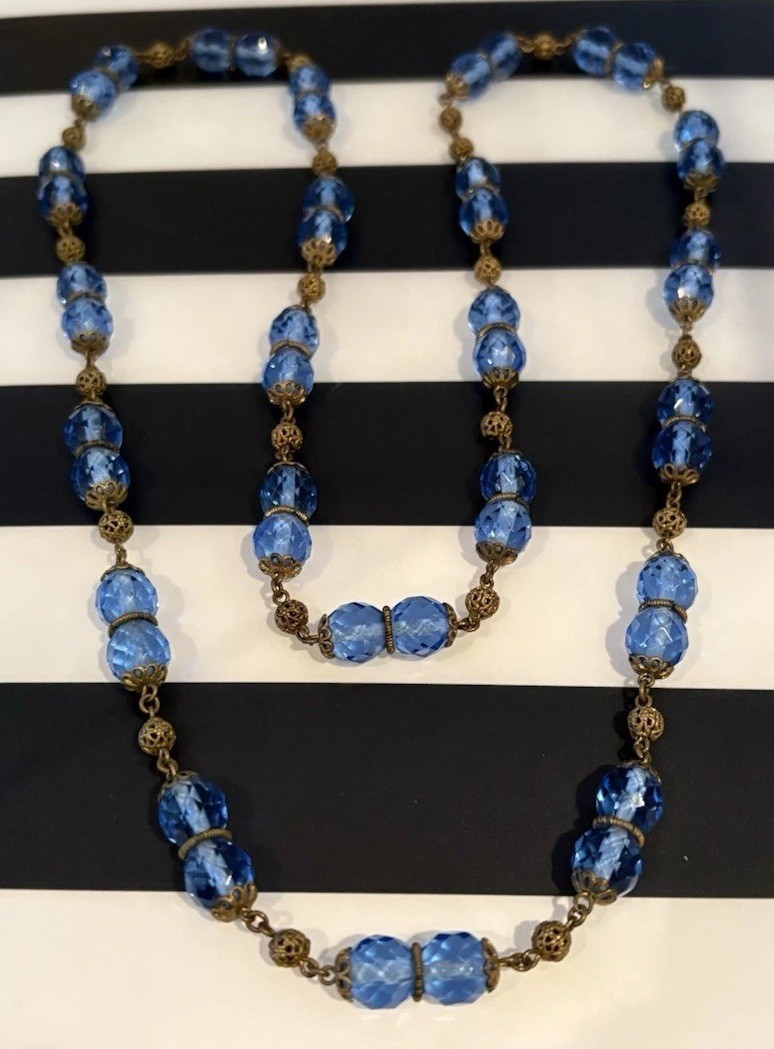 Antique Art Deco Blue Czech Glass & Brass Filigree 34 Inch Necklace 20s-30s