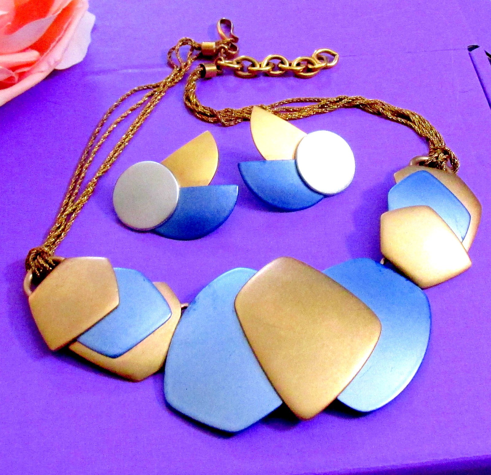 VTG RUNWAY DECO MONET “ALL THAT JAZZ” METALLIC BLUE GP NECKLACE EARRINGS ’85