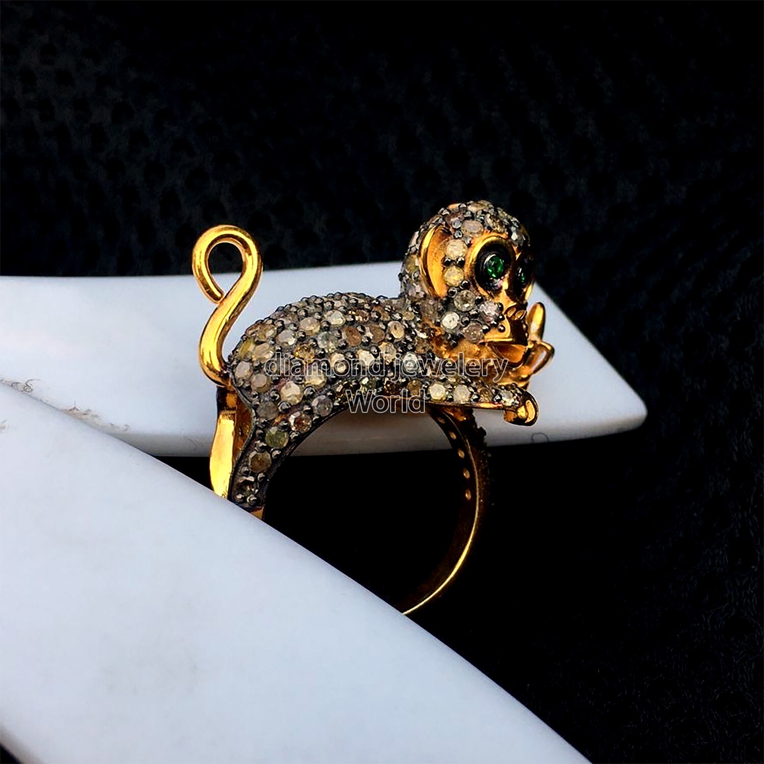 Victorian 3.55ctw Rose Cut Diamond Emerald Silver Stunning Monkey Ring Jewelry