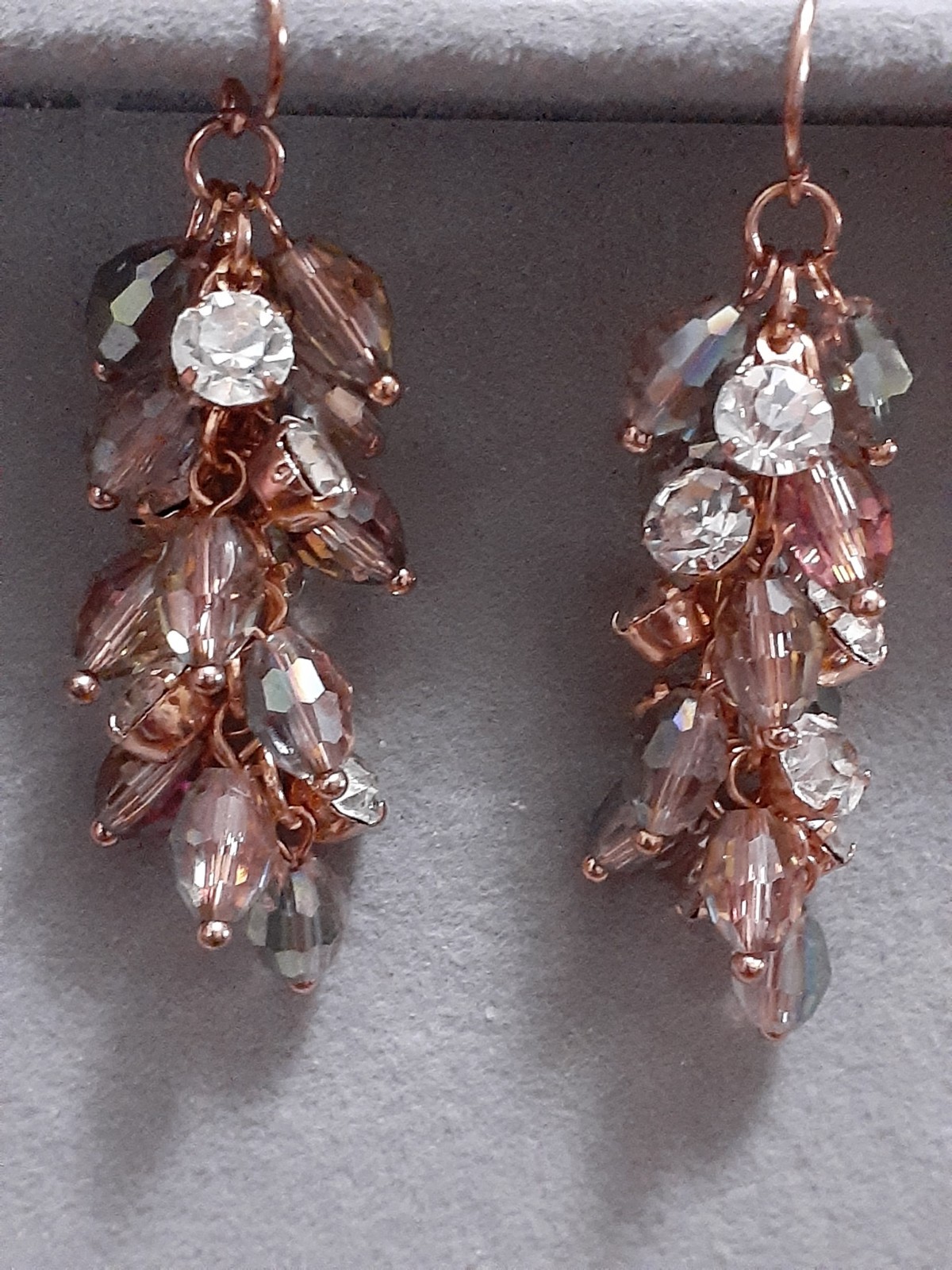 Fauceted lucite iridesent bead earrings & rhinestone cluster dangle drop style