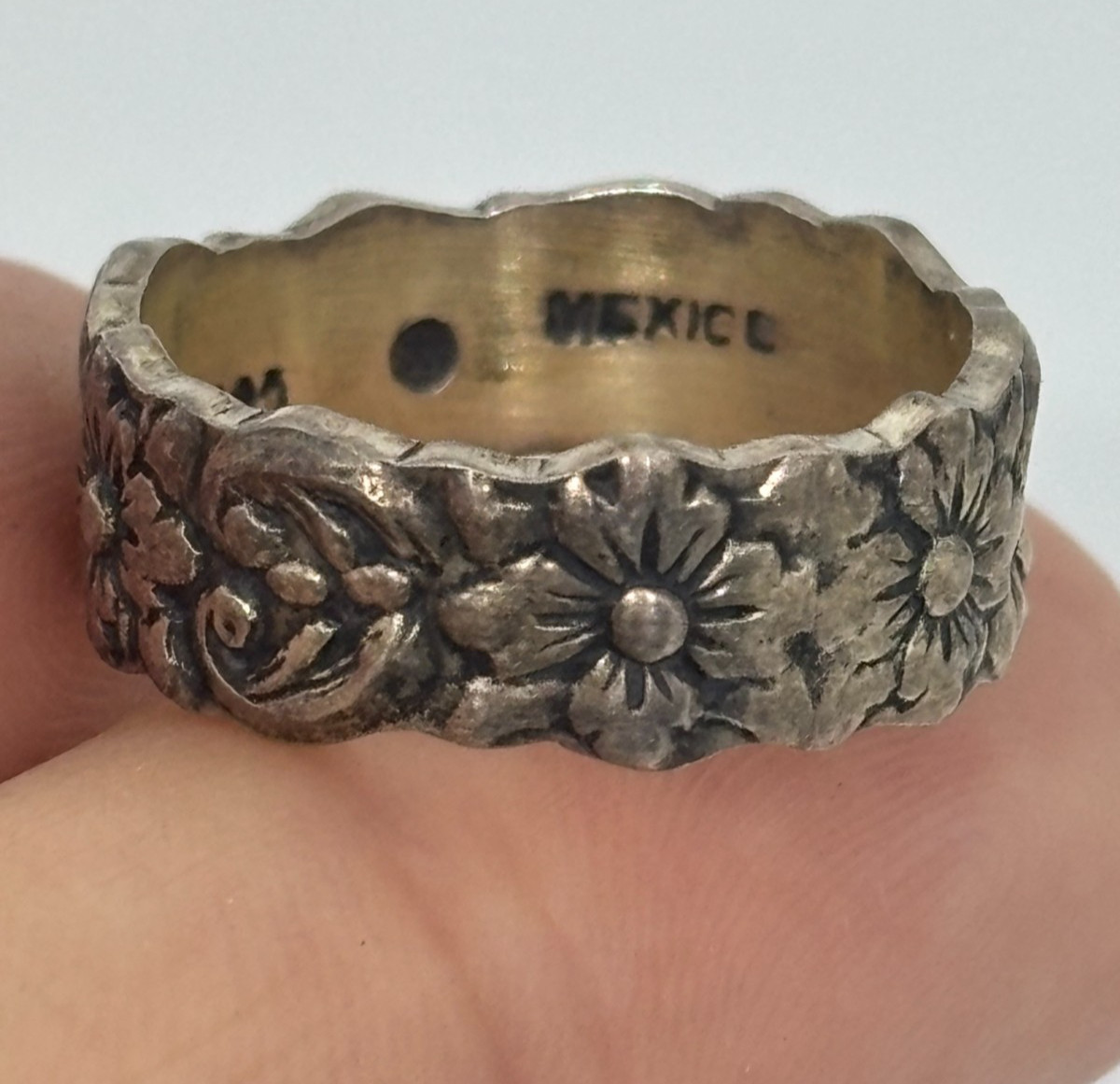 Vintage 60s Boho Flower Floral Mexico 925 Sterling Silver Wedding Band Ring 6.75