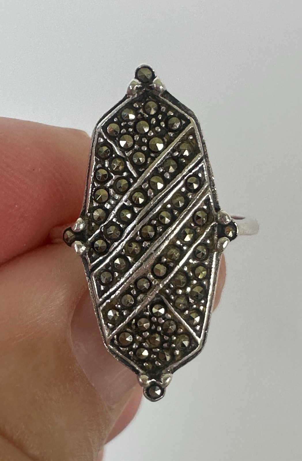 Vintage 925 Silver Art Deco Pavé Marcasite Navette Cocktail Ring Size 5.5